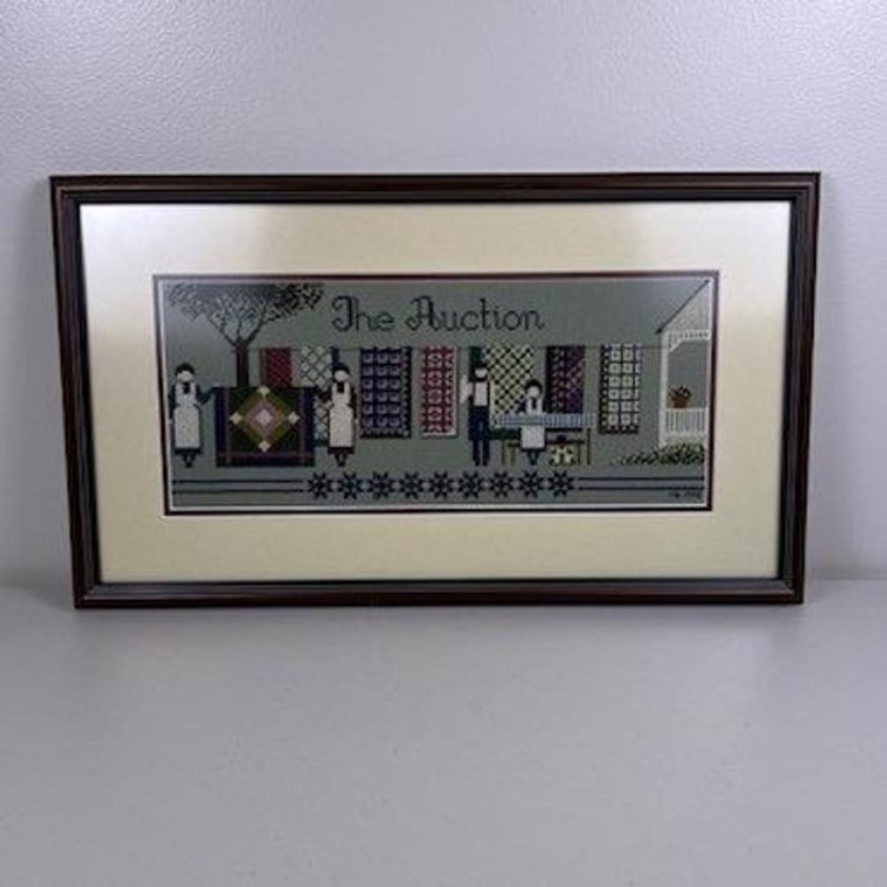 Vintage 1990 The Auction Cross Stitch‎ Framed Folk Art Americana Signed MB
